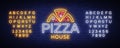 Pizza logo emblem neon sign. Logo in neon style, bright neon sign with Italian food promotion, pizzeria, snack, cafe Royalty Free Stock Photo