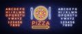 Pizza logo emblem neon sign. Logo in neon style, bright neon sign with Italian food promotion, pizzeria, snack, cafe