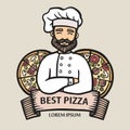 Pizza logo. Hand-drawn hipster chef with italian pizzas with ribbon. Man cook with arms crossed in an apron. Vector line