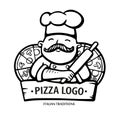 Pizza logo. Hand drawn vector illustration of chef-cooker with a mustache and pizzas. Italian chef logo.