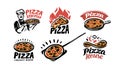 Pizza logo set. Emblems or restaurant menu, pizzeria, cafe. Vector illustration
