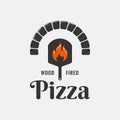 Pizza logo with pizza shovel and oven with flame