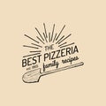 Pizza logo. Vector family pizzeria emblem, icon. Vintage hipster italian food label. Royalty Free Stock Photo