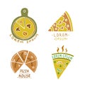 Pizza logos collection, art hand drawn vector pizza symbols, doodle style