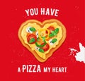 Pizza love card design with funny quote on red background.