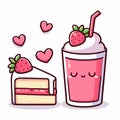 Delicious strawberry milkshake and cake, kawaii cartoon vector illustration graphic design, generative ai Royalty Free Stock Photo