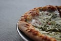 Pizza Magherita with green pesto on it and a nice and crispy edge with cheese