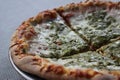 Pizza Magherita with green pesto on it and a nice and crispy edge with cheese