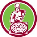 Pizza Maker Holding Pizza Peel Circle Woodcut