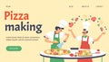 Pizza making web banner with italian chef cooks flat vector illustration.