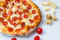 Pizza margarita. Cheese and tomato on background. White cloth Royalty Free Stock Photo