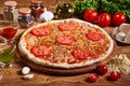 Pizza margarita with tomato sauce, fresh mozzarella, parmesan on the wooden rusty background. Hot big pepperoni pizza, tasty pizza Royalty Free Stock Photo