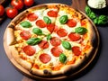 Pizza Margherita with Mozzarella Cheese, Cherry Tomatoes and Basil. Italian Cuisine. Generative AI Royalty Free Stock Photo