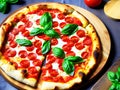 Pizza Margherita with Mozzarella Cheese, Cherry Tomatoes and Basil. Italian Cuisine. Generative AI Royalty Free Stock Photo