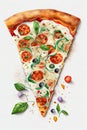 Pizza Margherita slice on white background. Ai generative watercolor illustration.