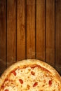 Pizza Margherita top view with copy space. Homemade Pizza margarita mozzarella cheese on wooden background for pizzeria