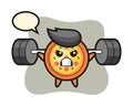 Pizza mascot cartoon with a barbell