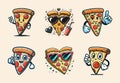 Pizza mascot, vintage character, retro art. Cartoon Characters Set