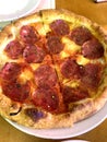 pizza meat circle slice tasty hot pepperoni covered tomatoes with prosciutto and spices on plate