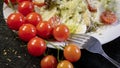 Pizza with meat and herbs, sprinkled with cheese, cherry tomatoes, fork on a plate. Royalty Free Stock Photo