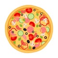 Pizza with meat, pepperoni, tomato, pepper, cucumber, mushroom, Royalty Free Stock Photo