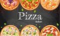 Pizza menu chalkboard cartoon background with fresh ingredients illustration Pizzeria flyer background. Two horizont Royalty Free Stock Photo