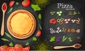 Pizza menu chalkboard cartoon background with fresh ingredients illustration Pizzeria flyer background. Two horizont Royalty Free Stock Photo