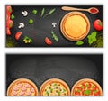 Pizza menu chalkboard cartoon background with fresh ingredients illustration Pizzeria flyer background. Two horizont Royalty Free Stock Photo