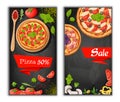 Pizza menu chalkboard cartoon background with fresh ingredients illustration Pizzeria flyer background. Two vertical Royalty Free Stock Photo