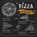 Pizza menu design template. Hand drawn sketch style elements in chalkboard style. Royalty Free Stock Photo