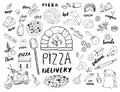 Pizza menu hand drawn sketch set. Pizza preparation and delivery doodles with flour and other food ingredients, oven and kitchen t