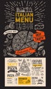 Pizza menu for italian restaurant. Vector food flyer for bar and cafe. Design template with vintage hand-drawn illustrations Royalty Free Stock Photo