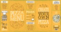 Pizza menu lists set, create your own pizza, pizza of the day, discounts