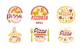 Pizza Menu Premium Logo Design Set, Pizzeria, Restaurant, Cafe, Delivery Service Labels Cartoon Vector Illustration Royalty Free Stock Photo