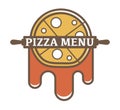 Pizza menu promotional logotype with rolling pin and tomato sauce