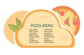 Pizza menu template or mockup design for pizzeria and italian cuisine cafe, restaurant with colorful pizza sign.