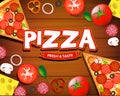 Pizza menu wooden board cartoon background with fresh ingredients. Isolated illustration
