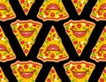 Pizza monster pattern seamless. Terrible fast food background. Angry food texture. Vector ornament