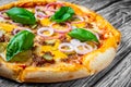 Pizza with Mozzarella cheese, Bolognese sauce, minced meat and vegetables. Italian pizza Royalty Free Stock Photo