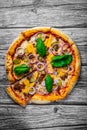 Pizza with Mozzarella cheese, Bolognese sauce, minced meat and vegetables. Italian pizza Royalty Free Stock Photo