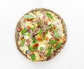 Pizza with mozzarella cheese, onion, egg, tomato, bacon, dried basil, arugula on white background. Pizza top view. Royalty Free Stock Photo