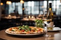 Pizza with mozzarella cheese, tomatoes and basil on a wooden table.