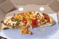 Pizza with mozzarella cheese, tomatoes and paneer in a cardboard box. Closeup Royalty Free Stock Photo