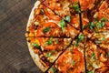 Pizza with Mozzarella cheese, Tomatoes, pepper, Spices and Fresh Basil. Italian pizza. Pizza Margherita or Margarita. Royalty Free Stock Photo