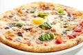 Pizza with Mushrooms, Bacon and Egg in Restaurant Plate Isolated Royalty Free Stock Photo
