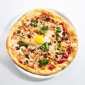 Pizza with Mushrooms, Bacon and Egg in Restaurant Plate Isolated Royalty Free Stock Photo