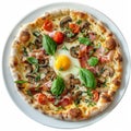 Pizza with Mushrooms, Bacon and Egg on White Plate Isolated, Italian Carbonara Pizza Royalty Free Stock Photo