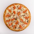 Pizza mushrooms, bacon, tomatoes, cheese on a white background.