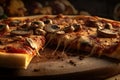 Pizza with mushrooms on a brown board