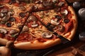 Pizza with mushrooms on a brown board, illustration